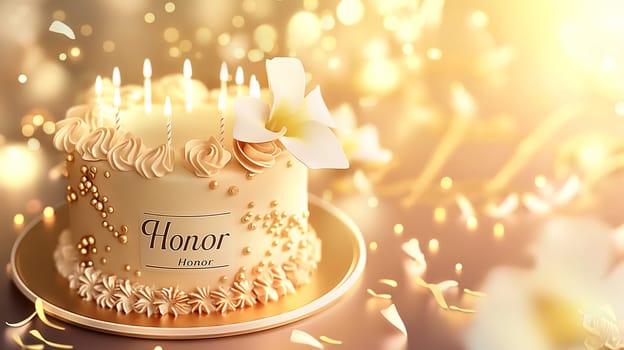 Elegant birthday cake with golden decor and candles, featuring 'Honor' and lily in festive light