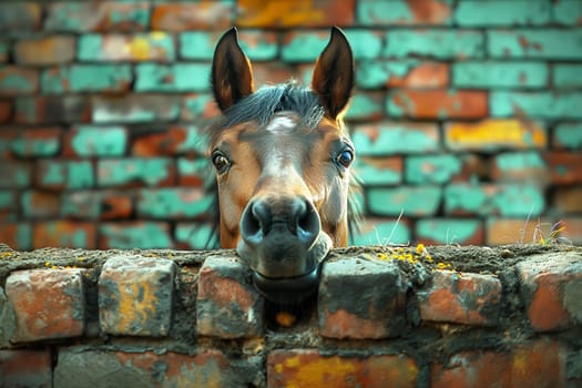 A brown horse's head with ears and eyes showing over a brick wall against a green teal background
