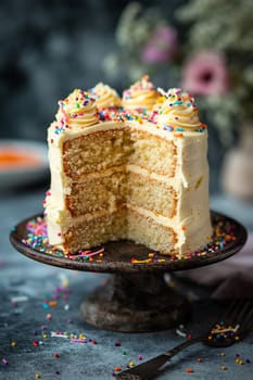 Delicious vanilla birthday cake with frosting and sprinkles perfect for a festive celebration