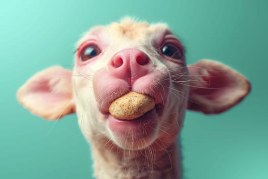 Adorable baby lamb with a cookie in its mouth cute and funny animal eating and posing