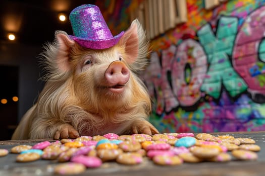 A piglet with a glitter hat surrounded by colorful cookies and vibrant graffiti in an urban setting