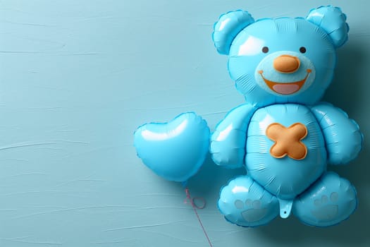 Cute blue teddy bear and heart balloon toy with happy, adorable, inflatable bear for celebration