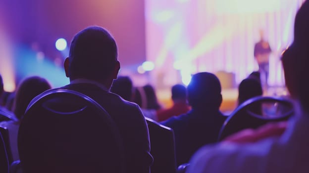 Audience at a conference event featuring lighting on the stage during a presentation meeting