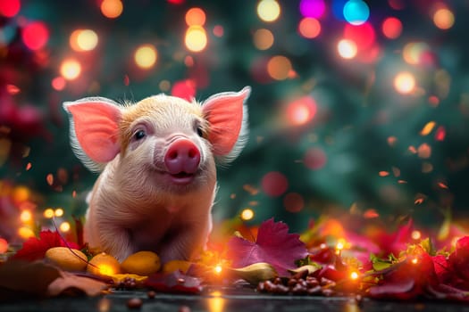 Cute piglet surrounded by autumn leaves and festive lights with a bokeh background