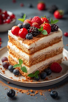 Delicious berry dessert cake with layered sweet fruit and a gourmet treat on a plate
