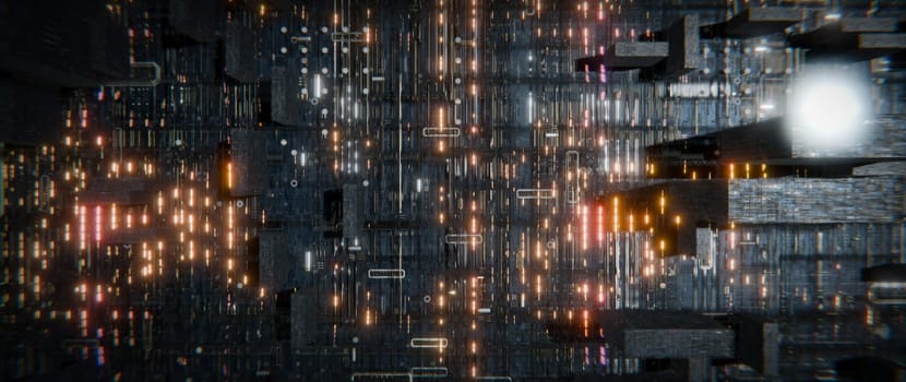 An abstract digital cityscape, a mesmerizing composition of glowing lines and shapes, depicting a futuristic, technology-driven world