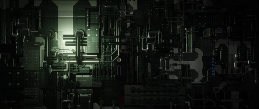 An abstract image of an industrial machine with intricate details, featuring pipes, wires, and circuitry, creating a futuristic and technological aesthetic.
