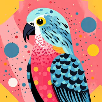 A colorful cartoon illustration of a parrot with polka dots texture against pink background. Image in the style of playful geometric shapes, editorial illustrations. Multilayered collages, flat style, bold colors, unique hand drawn textures. Minimalistic, cetered in the middle with negative space around
