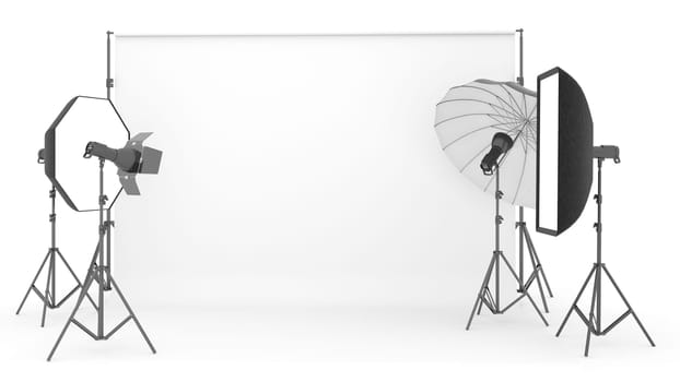 Empty photo studio with lighting equipment on white background. 3d rendering