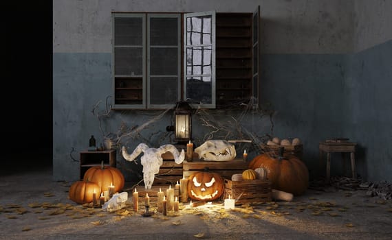 Spooky Halloween scene with skulls, pumpkins, and candles. 3D
