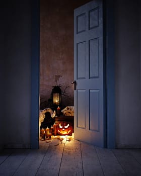 Spooky Halloween scene with skulls, pumpkins, and candles. 3D render