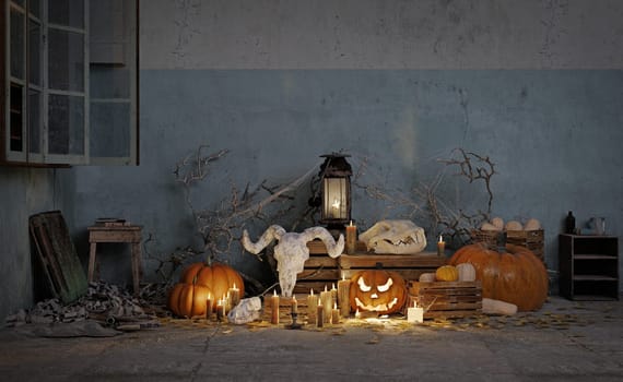 Spooky Halloween scene with skulls, pumpkins, and candles. 3D