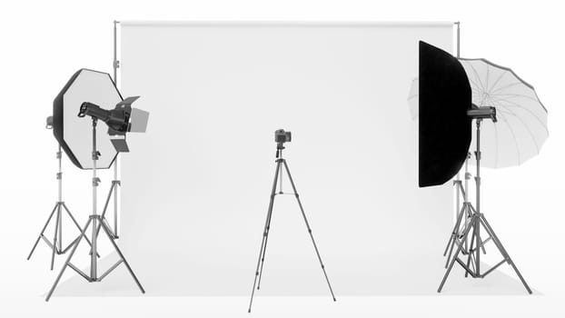 Empty photo studio with lighting equipment on white background. 3d rendering