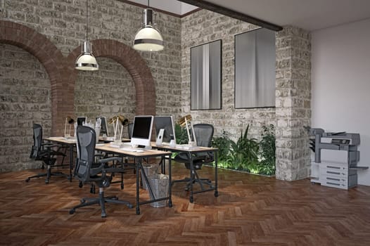 Industrial office with brick walls and modern decor. 3D render