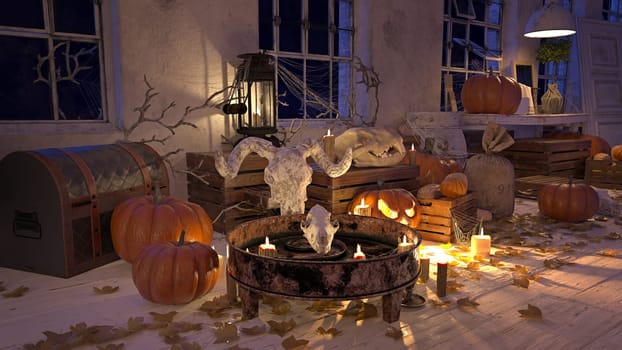 Spooky Halloween scene with skulls, pumpkins, and candles. 3D