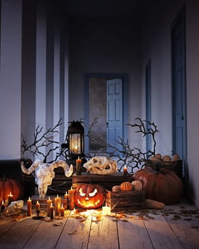 Spooky Halloween scene with skulls, pumpkins, and candles. 3D render