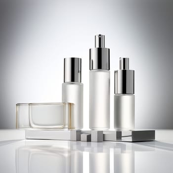 Luxury skincare, photography editorial style, high-end unique luxury glass bottle packaging. White brand colors, modern sleek minimalism.
