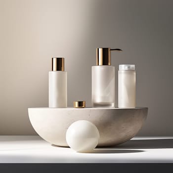 Luxury skincare, photography editorial style, high-end unique luxury glass bottle packaging. White brand colors, modern sleek minimalism.