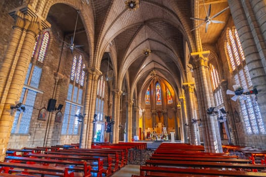 Interior indoor of Christ the King Cathedral also called Nha Trang Cathedral or French Stone Church in Asia. Nha Trang, Vietnam - August 22, 2024