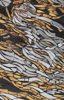 The walls are decorated with colorful Stained glass scraps mosaic. Scraps glass texture background, Creativity, art and design, Space for text, Selective focus.