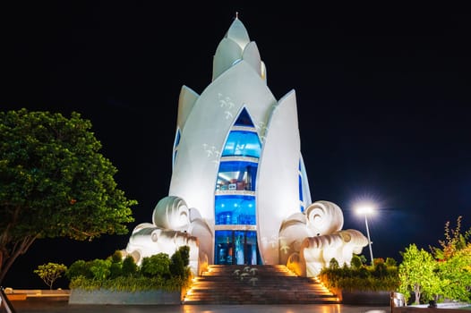 White Lotus Tower or Thap Tram Huong Tower in Nha Trang city on central square at night in Vietnam