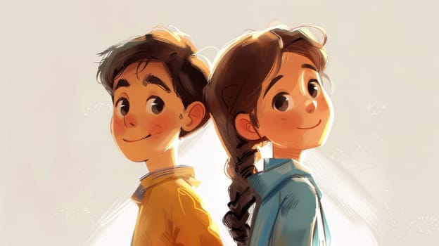 A boy and a girl stand with their backs to each other. Cartoon characters are a boy and a girl. Illustration.