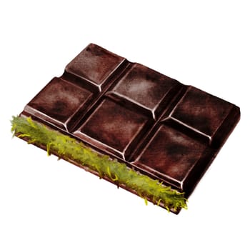 Chocolate Dubai watercolor. Hand drawn dark chocolate bar filled with kataifi and pistachio paste on isolated white background. Clip art of sweet dessert. Ideal for logo and packaging of sweets, coffee shop menu and recipes. High quality illustration