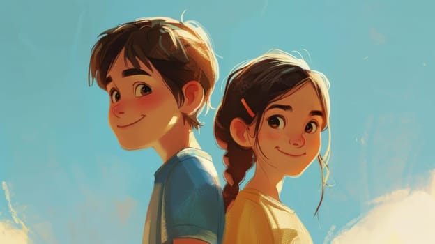 A boy and a girl stand with their backs to each other. Cartoon characters are a boy and a girl. Illustration.