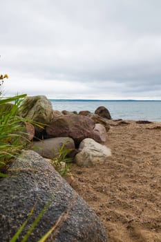 beach with rocks in denmark with lot of green plants and trees trelde naes at the kattegat water vertical portrait format