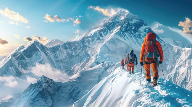 A group of climbers climbs a snow-covered mountain at sunset. The concept of winter travel and adventure.