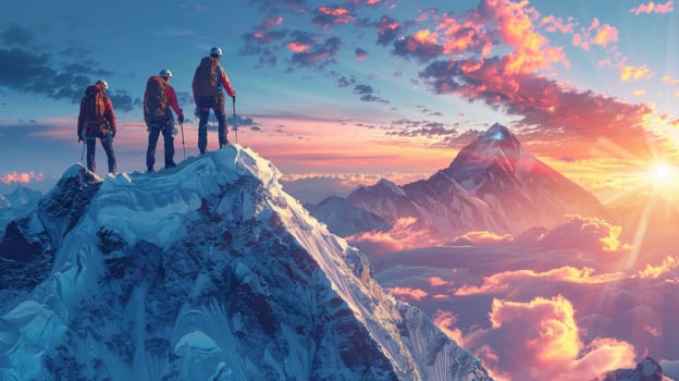 A group of climbers climbs a snow-covered mountain at sunset. The concept of winter travel and adventure.