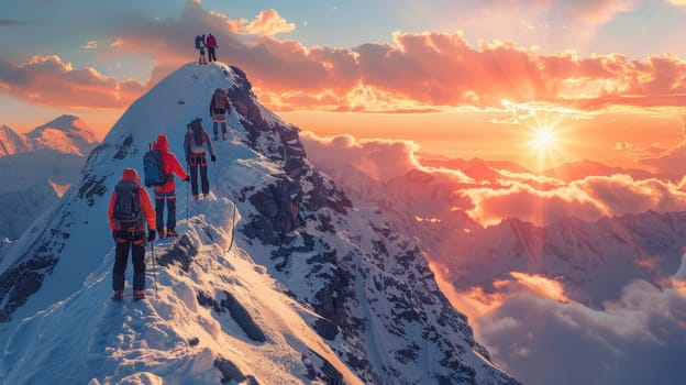 A group of climbers climbs a snow-covered mountain at sunset. The concept of winter travel and adventure.