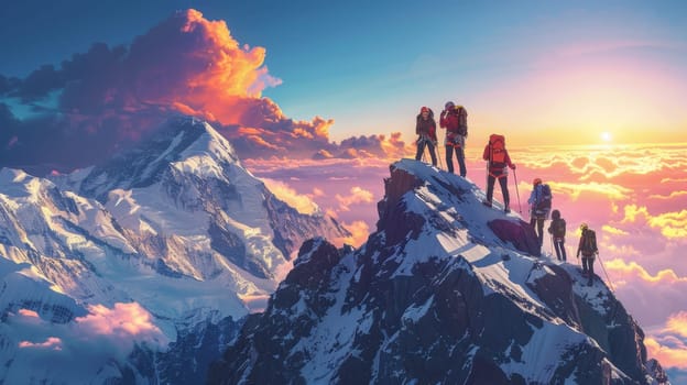 A group of climbers climbs a snow-covered mountain at sunset. The concept of winter travel and adventure.