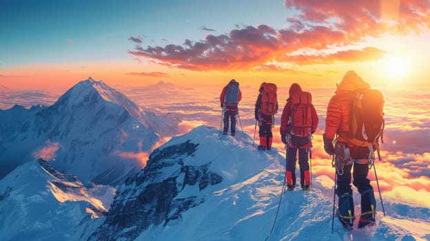 A group of climbers climbs a snow-covered mountain at sunset. The concept of winter travel and adventure.