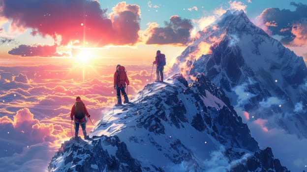 A group of climbers climbs a snow-covered mountain at sunset. The concept of winter travel and adventure.