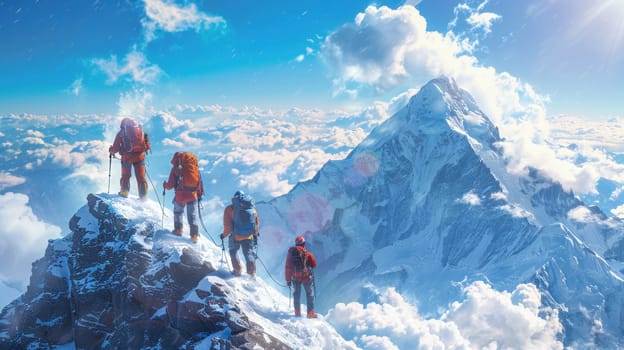 A group of climbers climbs a snow-covered mountain at sunset. The concept of winter travel and adventure.