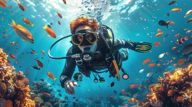 A male scuba diver swimming underwater near a coral reef. A diver in the underwater expanses.
