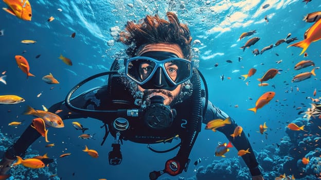 A male scuba diver swimming underwater near a coral reef. A diver in the underwater expanses.