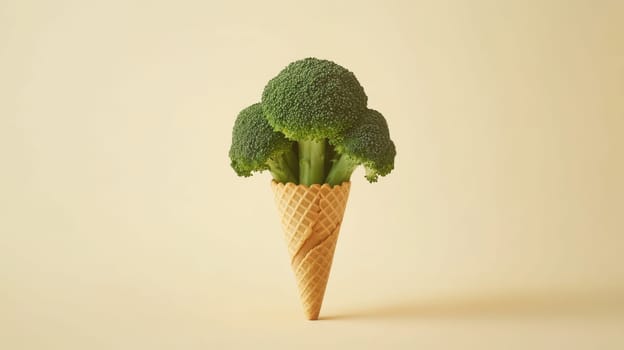 Broccoli in a waffle cone on beige background, healthy eating concept.