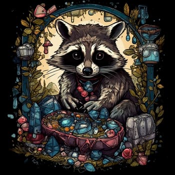Illustration with raccoon on dark background. Selective focus.