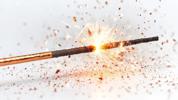 Sparkler igniting with bright sparks on white background, festive celebration concept.