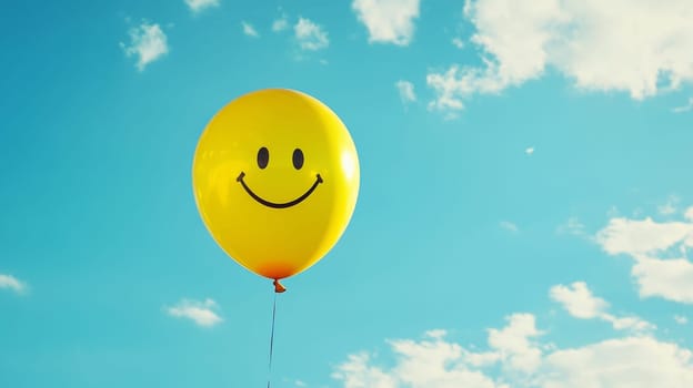 Yellow balloon with smiling face against blue sky background, cheerful and uplifting concept.