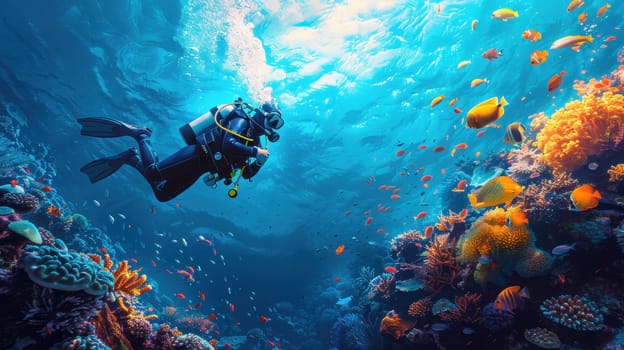 A male scuba diver swimming underwater near a coral reef. A diver in the underwater expanses.