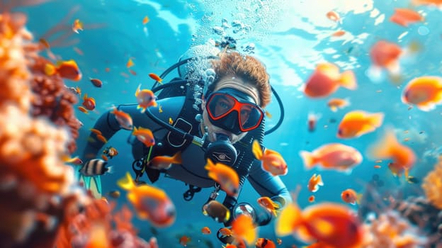 A male scuba diver swimming underwater near a coral reef. A diver in the underwater expanses.