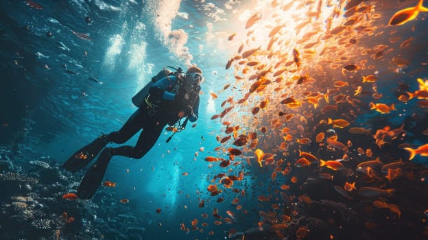 A male scuba diver swimming underwater near a coral reef. A diver in the underwater expanses.