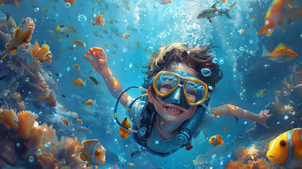 The boy is a diver in the underwater world. Cartoon diver boy and fish underwater. illustration.