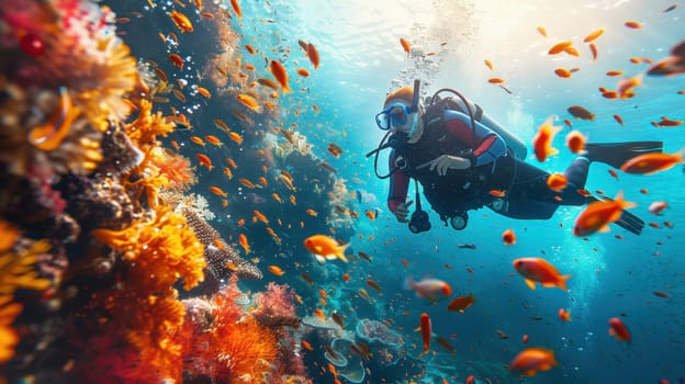 A male scuba diver swimming underwater near a coral reef. A diver in the underwater expanses.