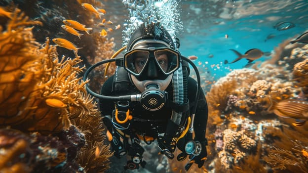 A male scuba diver swimming underwater near a coral reef. A diver in the underwater expanses.