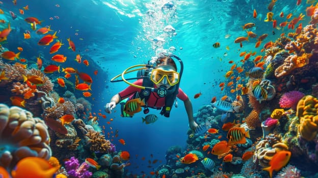 A male scuba diver swimming underwater near a coral reef. A diver in the underwater expanses.