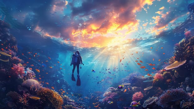 A male scuba diver swimming underwater near a coral reef. A diver in the underwater expanses.
